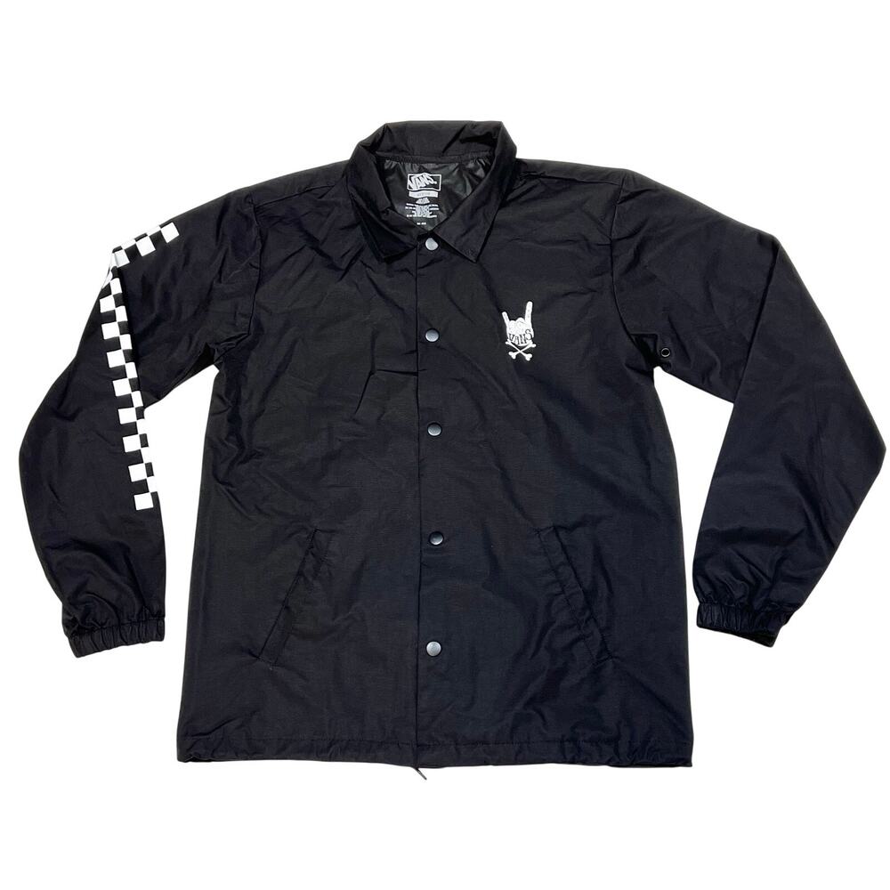 Vans Coaches Windbreaker Jacket Mens Medium Black Nylon Checkered Sleeve New